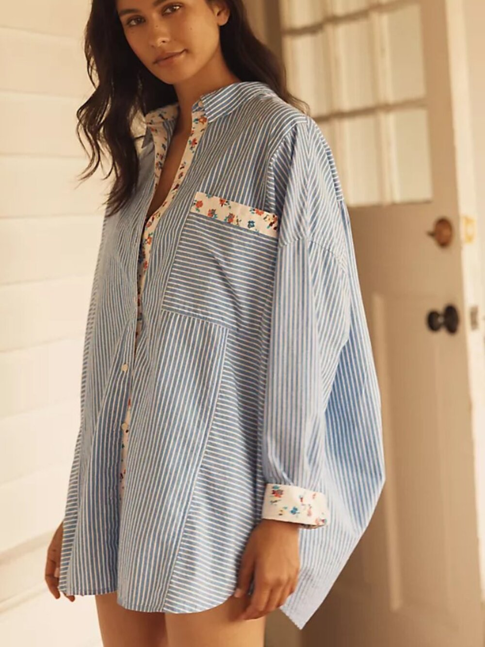 LyreBird Anthropologie Cotton Oversized Buttondown Shirt Blue White Stripe